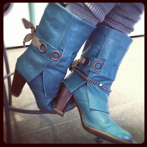 John Fluevog Shoes - John Fluevog Teal Soprano Inge Mid-Calf Leather Boot Size 6.5